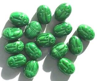 15 14mm Opaque Dark Satin Green Scarab Beetle Beads