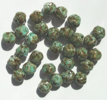 30 10mm Ruffled Round Light Turquoise & Brown Glass Beads