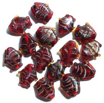 15 19mm Fancy Garnet and Gold Lampwork Fish Beads