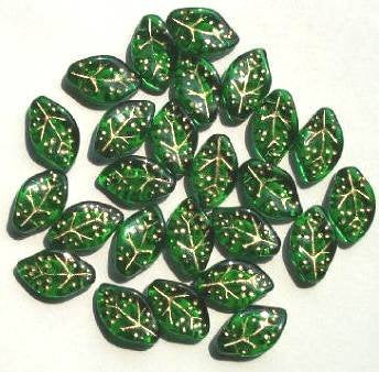 25 14x9mm Emerald with Gold Wavy Leaf Beads