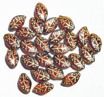 25 14x9mm Dark Topaz with Gold Wavy Leaf Beads