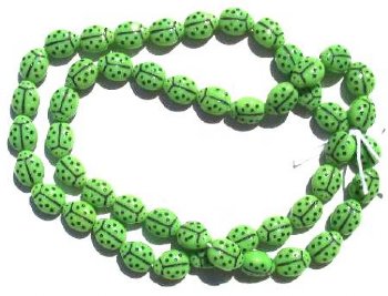 50 9mm Opaque Green Ladybug Glass Beads