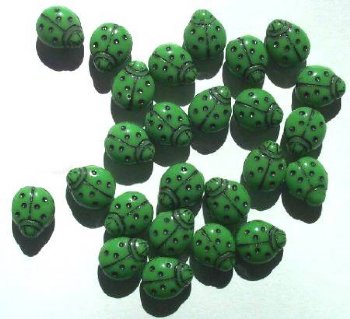 25 14mm Opaque Green Ladybug Glass Beads