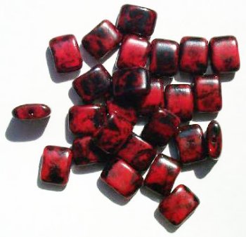 25 8x11x5mm Opaque Black & Red Marble Tablet Pillow Beads
