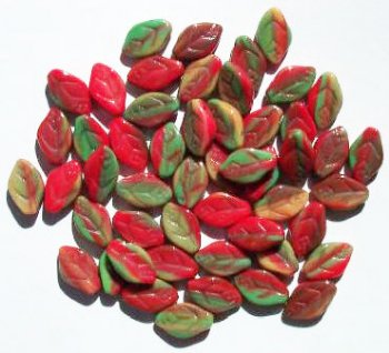 50 12mm Opaque Red, Olive, & Beige Glass Leaf Beads
