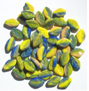 50 12mm Opaque Yellow, Blue, & Olive Glass Leaf Beads