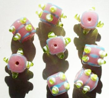 8 14mm Milky Pink, Light Blue, & Green Square Bumpy Beads