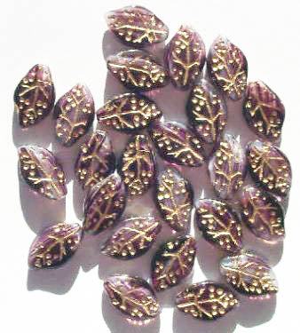 25 14x9mm Amethyst & White Givre with Gold Wavy Leaf