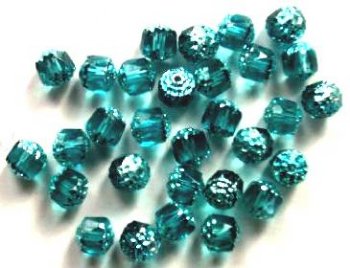 30 8mm Triangle Faceted Aqua, Silver Tipped with Coated Ends