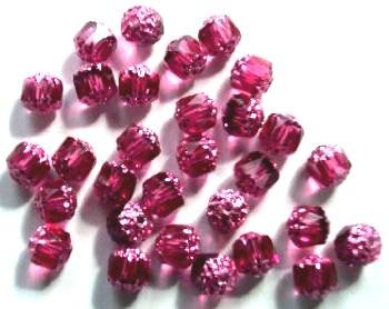 30 8mm Triangle Faceted Fuchsia, Silver Tipped with Coated Ends