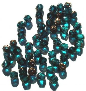 50 6mm Triangle Faceted Teal with Antique Gold Coated Ends