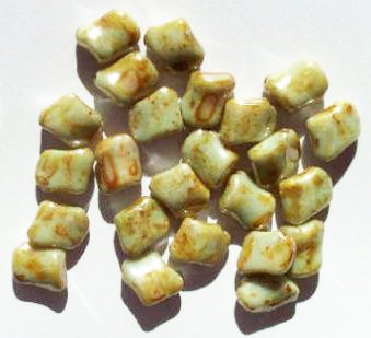 25 11x8mm Twisted Antique Green Marble Lustre Rectangle Glass Beads