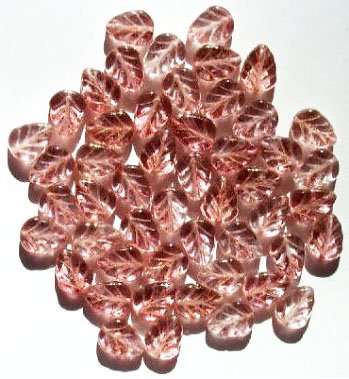 50 11x8mm Crystal Pink Lustre Glass Leaf Beads