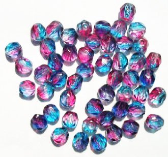 50 6mm Faceted Tri Tone Crystal, Fuchsia, & Teal Beads