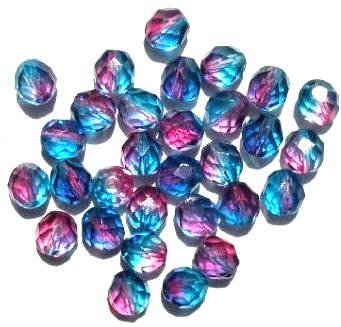25 8mm Faceted Tri Tone Crystal/Fuchsia/Teal Firepolish Beads