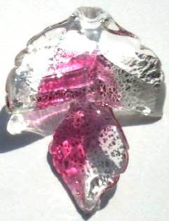 1 35x25mm Two Tone Pink/Crystal with Silver Foil Lampwork Twisted Leaf Pendant
