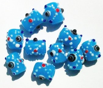 10 15mm Milky Aqua with Black & White Barrel Bumpy Beads