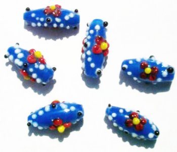 6 23mm Milky Blue with Red Flower Bumpy Oval Beads