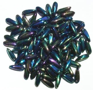 100 3x11mm Metallic Green AB Dagger Beads