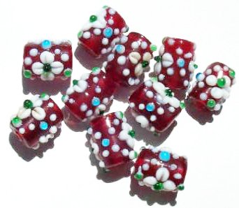 10 15mm Dark Red with White Flower Bumpy Barrel Beads