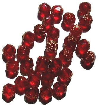 30 8mm Triangle Faceted Red with Antique Gold Coated Ends