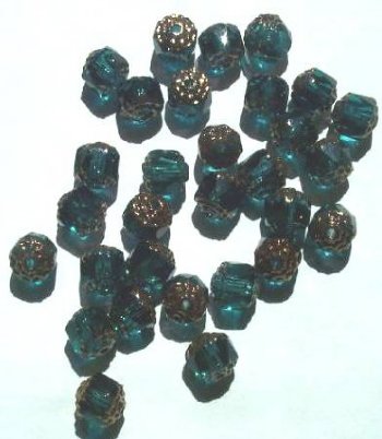 30 8mm Triangle Faceted Teal with Antique Gold Coated Ends