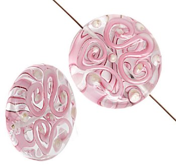 1 20x8mm Crystal with Pink Squiggle Lampwork Disk