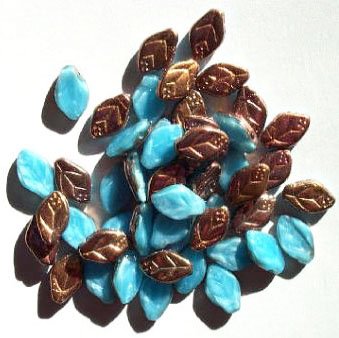 50 12mm Satin Light Blue & Copper Glass Leaf Beads
