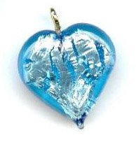 1 13x13x6mm Aqua with Foil Lampwork Heart Pendant
