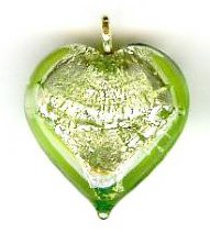 1 13x13x6mm Peridot with Foil Lampwork Heart Pendant