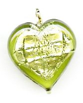 1 13x13x6mm Olivine with Foil Lampwork Heart Pendant