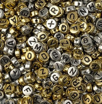 100, 7mm Silver and Gold with Black Lettering Plastic Alphabet Disk Beads