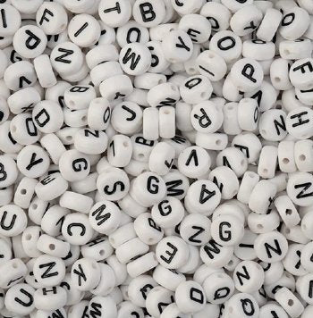 100, 7mm White with Black Lettering Plastic Alphabet Disk Beads