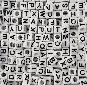 100, 7mm Square White with Black Lettering Plastic Alphabet Beads