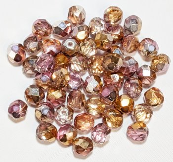 50 6mm Faceted Rosaline Half-Coat Copper Firepolish Beads