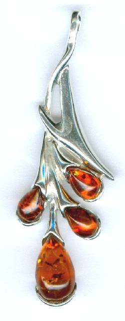 1 44x15mm Artistic Four Drop Cognac Baltic Amber Sterling Pendant