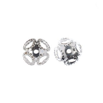 48, 8mm Bright Silver Plated Flower Bead Caps