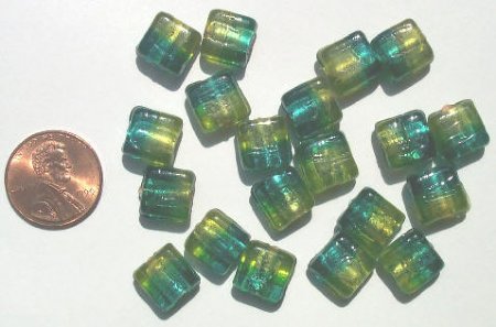 12 10x10x6mm Square Two Tone Turquoise/Green with Foil