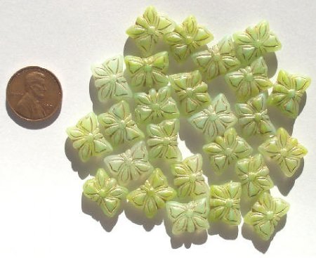 25 12mm Milky Green with Gold Butterfly Beads