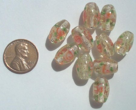 10 14x9mm Oval Orange with Flower Lampwork