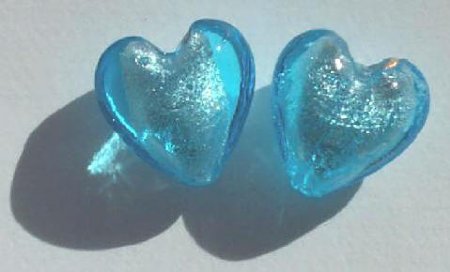 2 15mm Aqua and Silver Foil Hearts