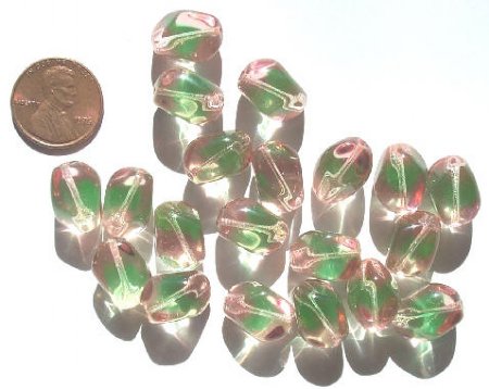 20 15x10mm Two Tone Pink Green Nuggets