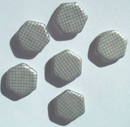 6 17mm Czech Glass Hexagon Peacock Beads - Matte Metallic Grey with Grid Pattern