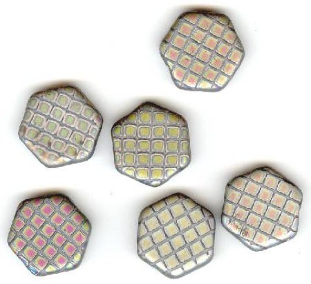 6 17mm Czech Glass Hexagon Peacock Beads - Matte Medium Grey Vitrail