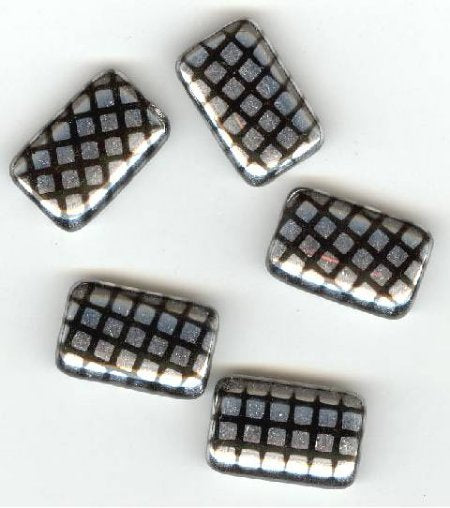 5 19x12mm Czech Glass Flat Rectangle Peacock Beads - Black with Labrador Grid