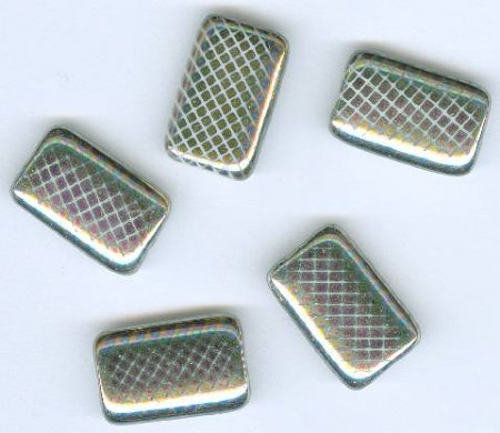 5 19x12mm Czech Glass Flat Rectangle Peacock Beads - Silver Vitrail