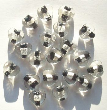 12x16mm 20 Black & Crystal Silver Foil Heart Beads