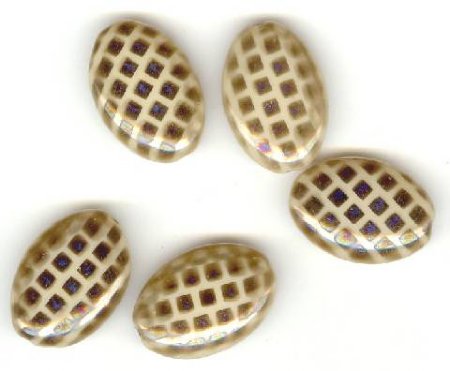 5 20x14mm Czech Glass Flat Oval Peacock Beads -  Opaque Beige Azuro