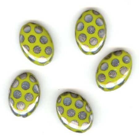 5 20x14mm Czech Glass Flat Oval Peacock Beads - Opaque Green with Labrador Dots