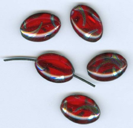 5 20x14mm Czech Glass Flat Oval Peacock Beads - Transparent Red with Chrome Vitrail Swirl